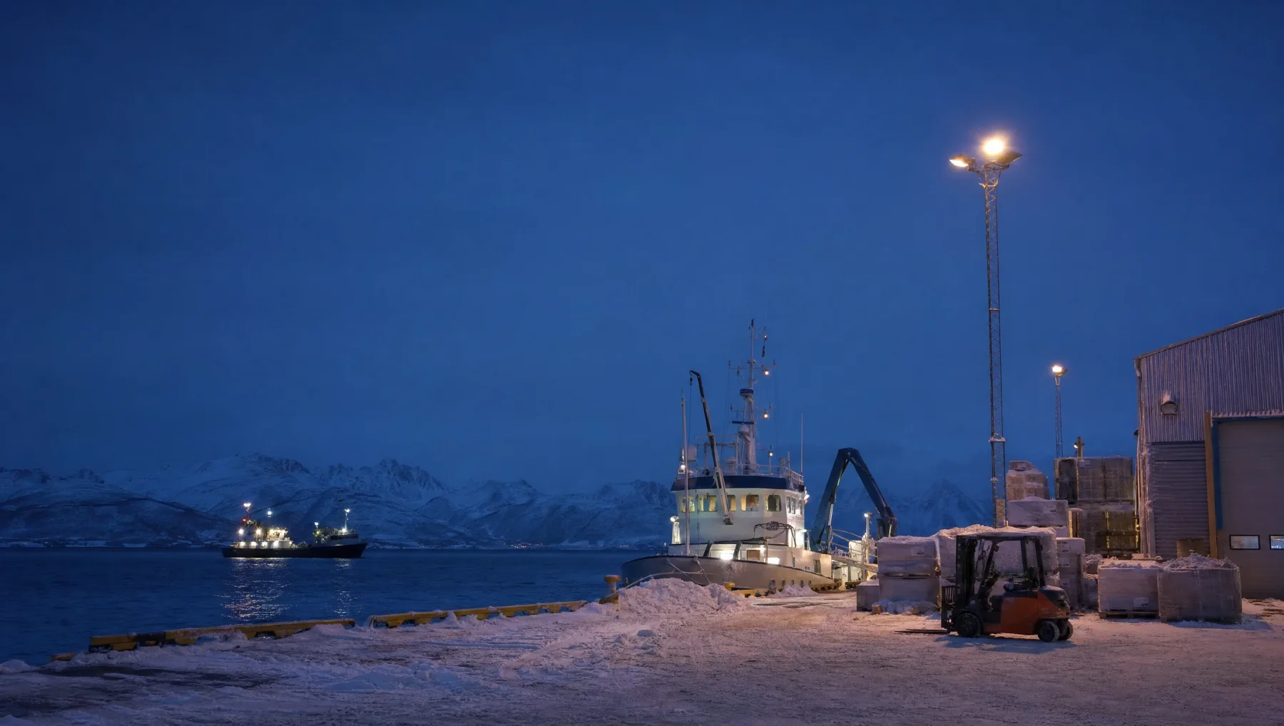Industrikai i blåtimen om vinteren, arbeidslys over snødekt kai og en servicebåt ved pir