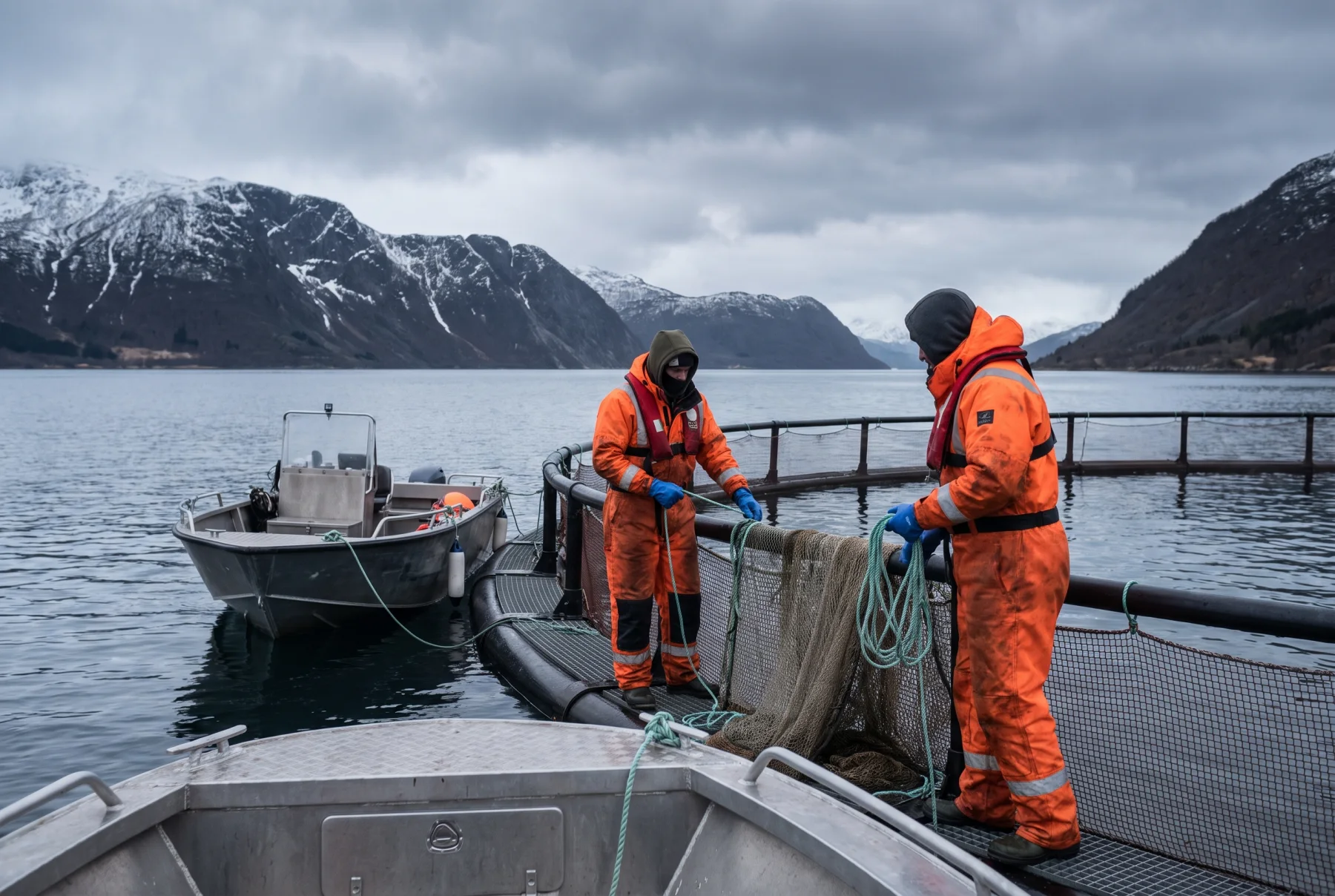 To røktere i oransje flytedrakter på ringen til en oppdrettsmerd