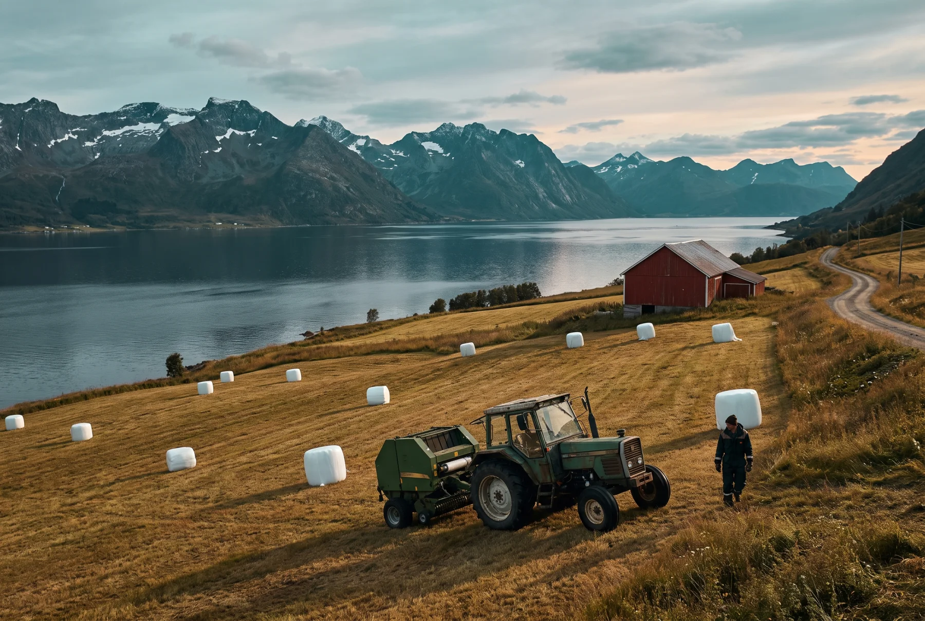 Traktor med rundballepresse på en eng som skråner ned mot fjorden