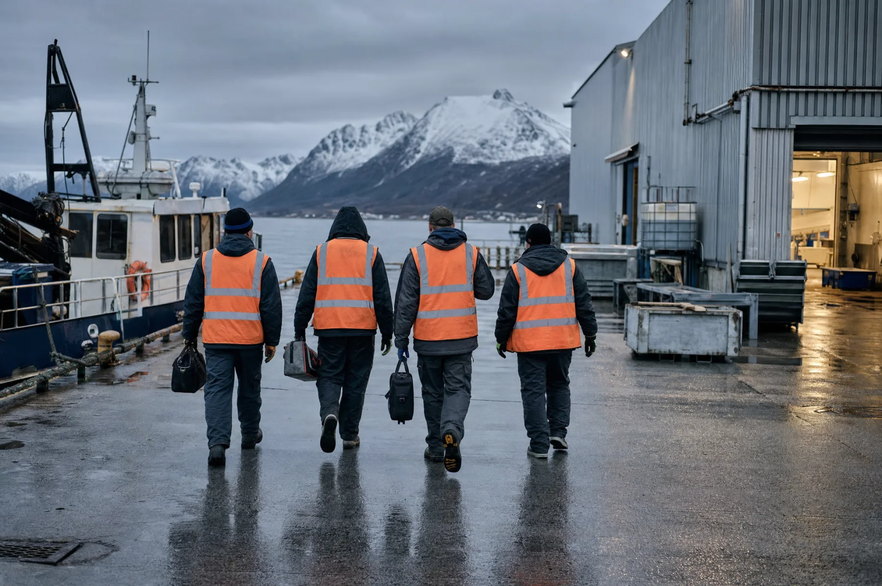 Fire arbeidere i oransje vester går over en industrikai en tidlig morgen
